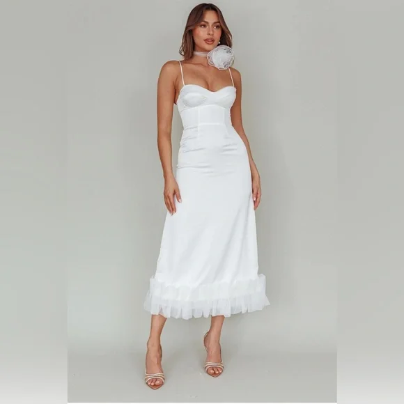 White satin midi dress with hem decoration - Picture 3 of 12